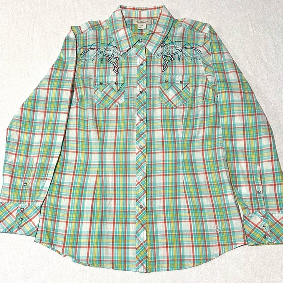 NEW ARIAT PASTEL PLAID RHINESTONE SNAP FRONT BLING EMBROIDERED WESTERN SHIRT SzS - Picture 8 of 11
